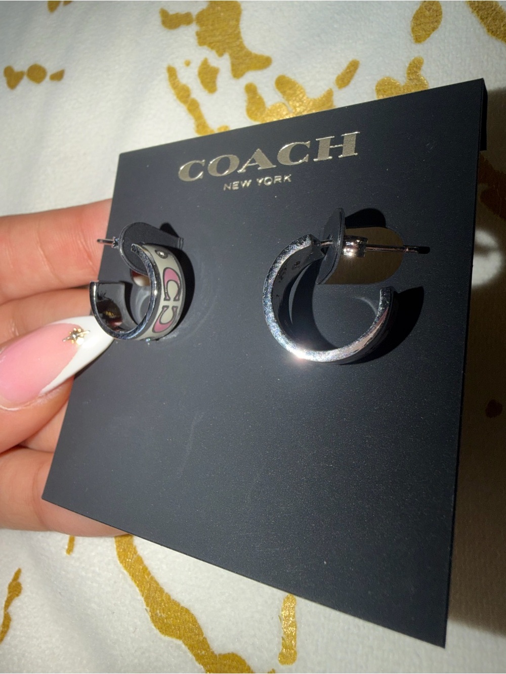 Coach White and Pink Crystal Signature C Hoop Earrings - Picture 7 of 8